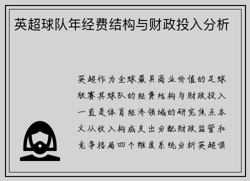英超球队年经费结构与财政投入分析